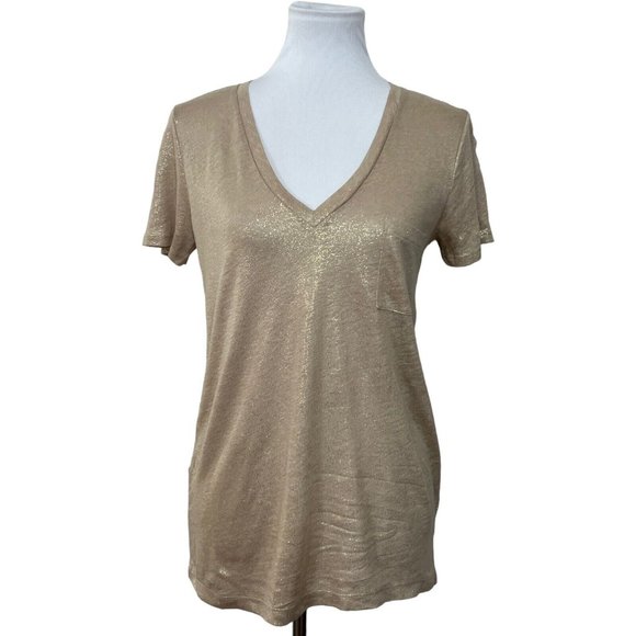 J.CREW Tops - J.CREW 100% Linen Tee Metallic Gold Beige Shimmer V Neck T-Shirt Casual Lux